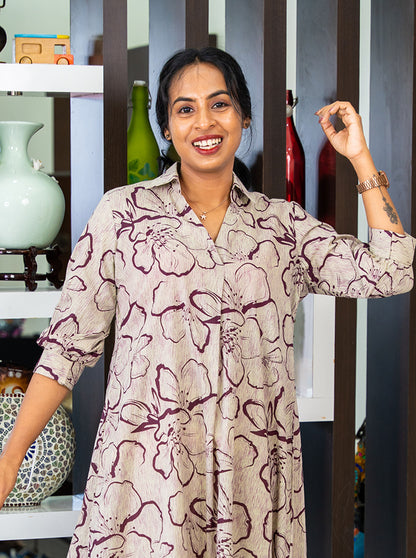Collar neck cotton dress with centre pleat and 3/4th sleeves, styled front - Ariyaa