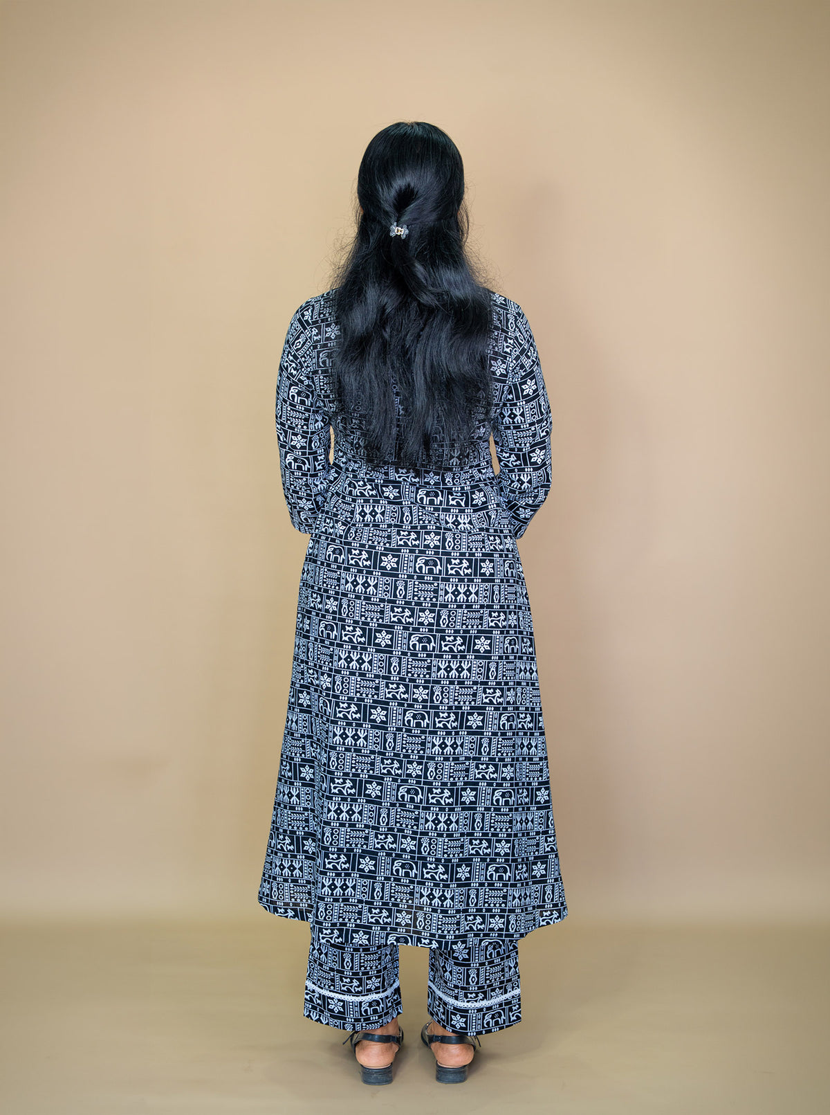 Back view of black and white printed co-ord set with palazzo pants - Ariyaa