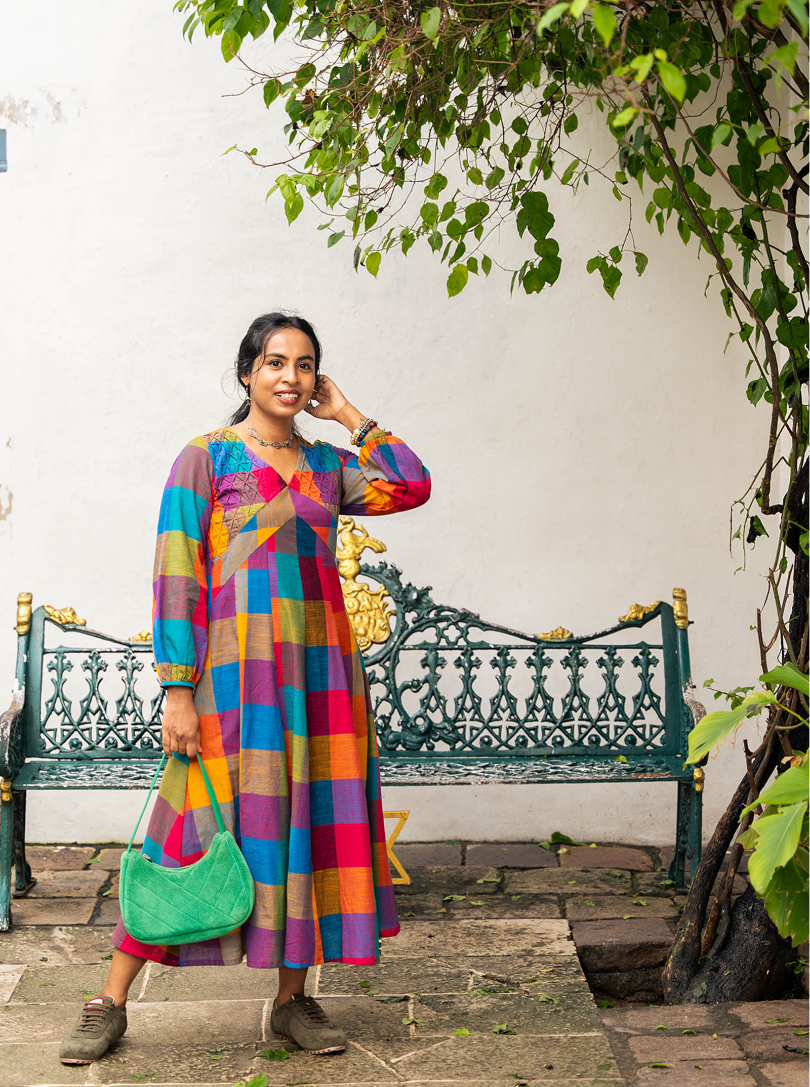 Full length view of 47 inch Madras Kattam kurti in handloom cotton checks