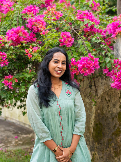 lora - Pastel Green Floral Embroidered Mul Cotton A-Line Kurti