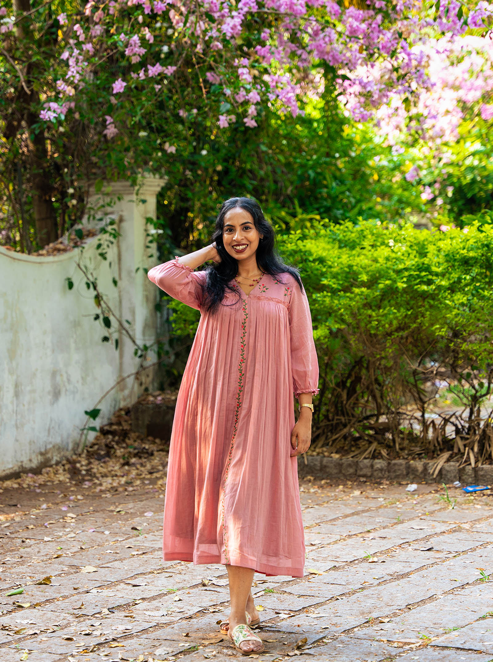 Model wearing pastel pink embroidered kurti full length — Ariyaa
