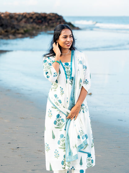 Close-up of cyan floral motif pattern on cotton fabric — Ariyaa