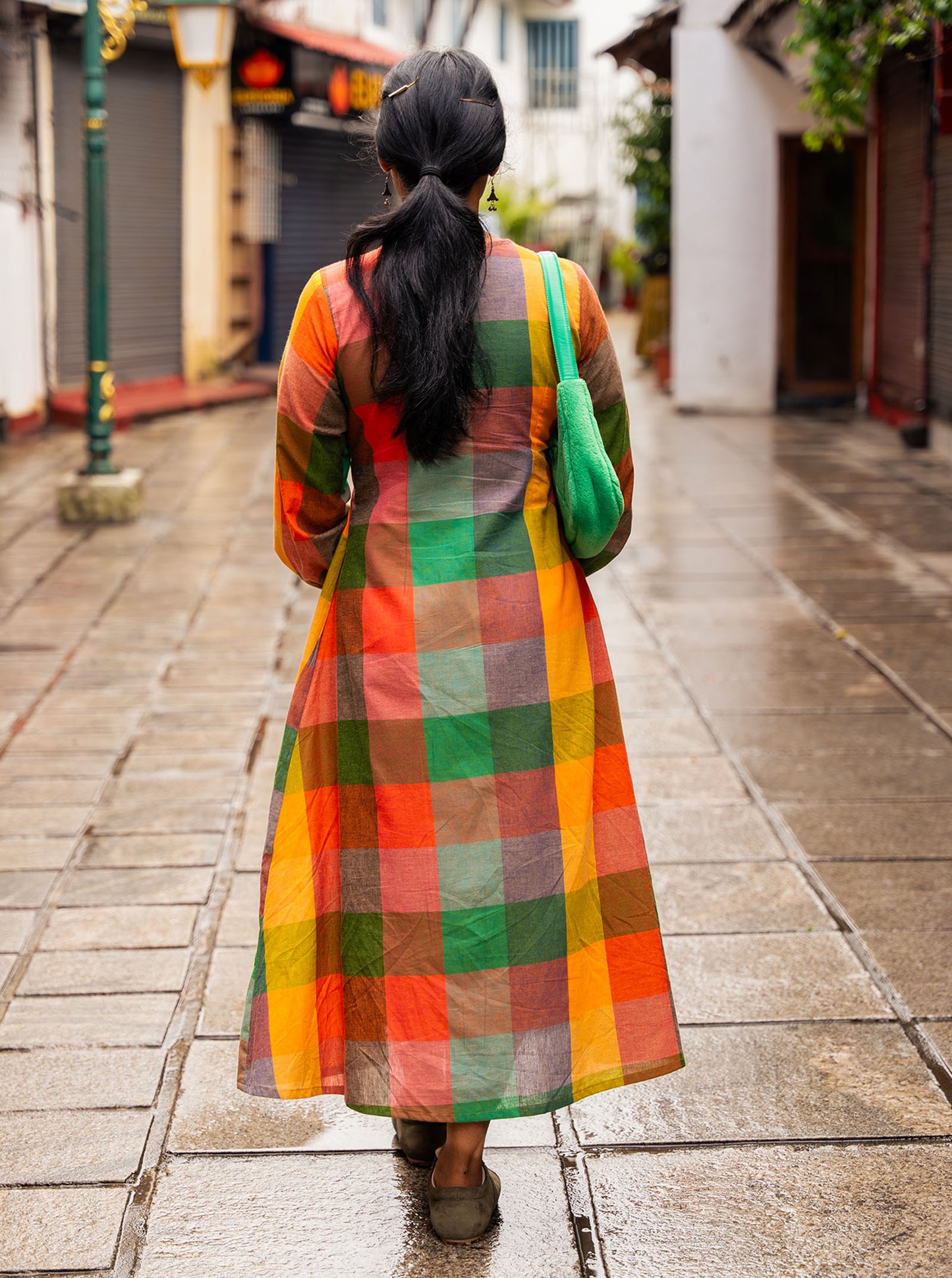 Back view of Madras Kattam A-line handloom cotton kurti