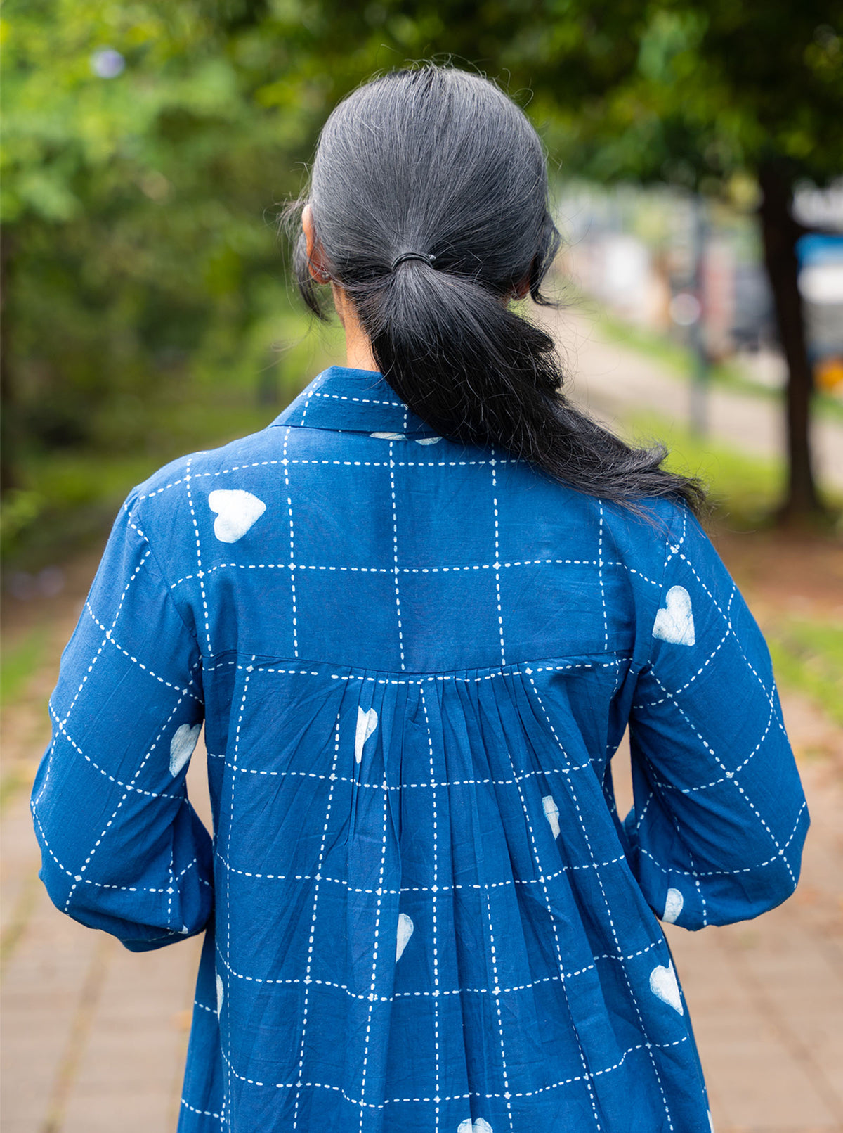 Indigo white heart and line print cotton shirt dress for office and daily wear - Ariyaa