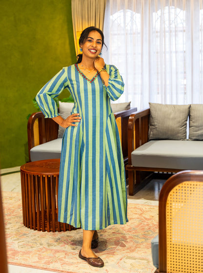 Blue and green striped cotton dress for daily wear, full length front - Ariyaa
